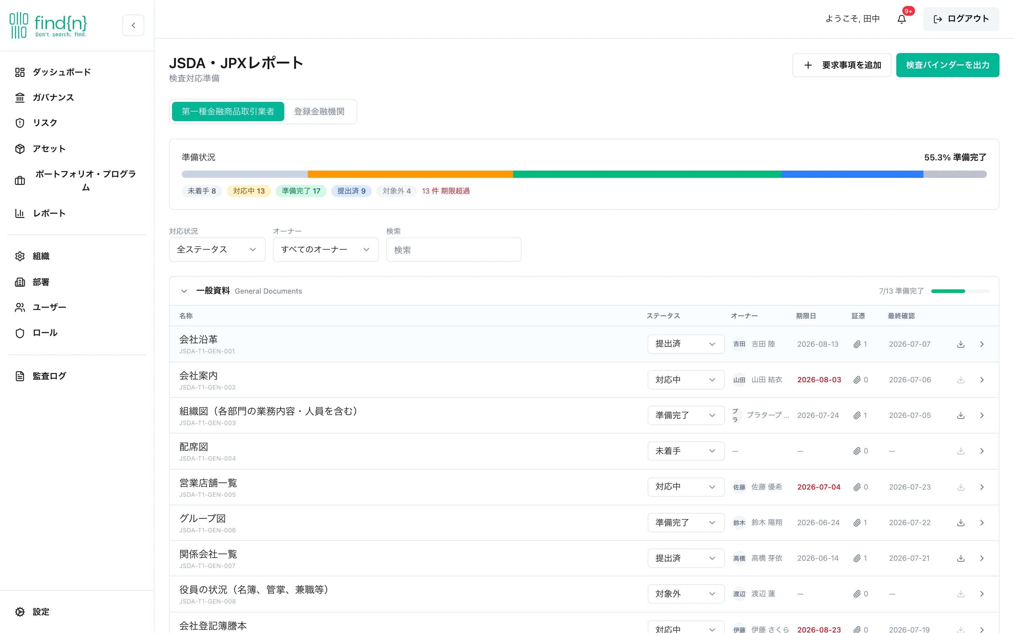 findn 検査対応レディネス画面(実画面)